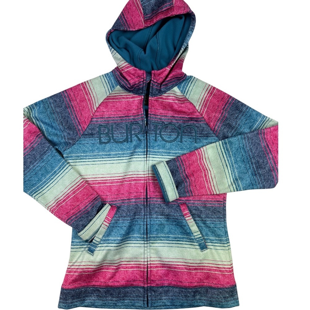 Burton Womens Peak Hoodie Fleece Jacket Full Zip Striped Pink Blue Large